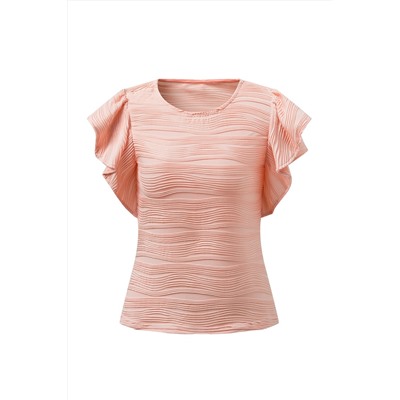 Apricot Pink Wavy Textured Ruffle Sleeve Top