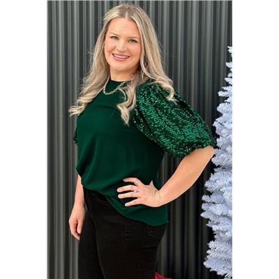 Blackish Green Plus Size Sequin Short Puff Sleeve Top