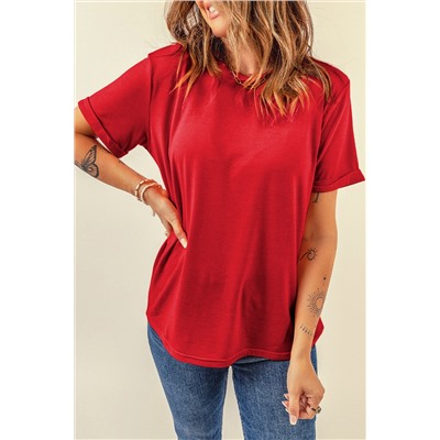 Red Casual Plain Crew Neck Tee