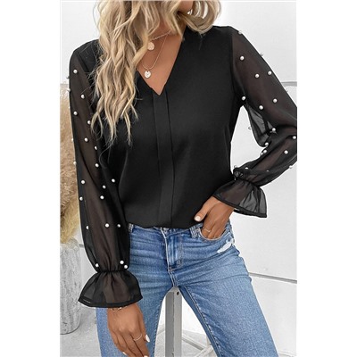 Black Pearl Mesh Flounce Sleeve V Neck Blouse