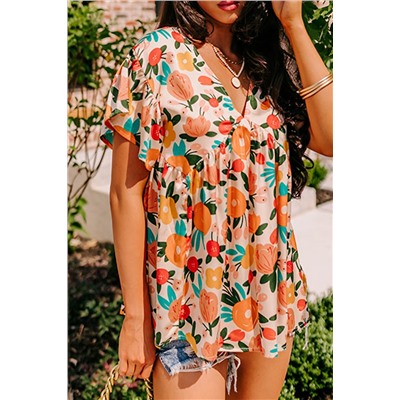 Apricot Floral Print Short Sleeve V Neck Tied Back Blouse