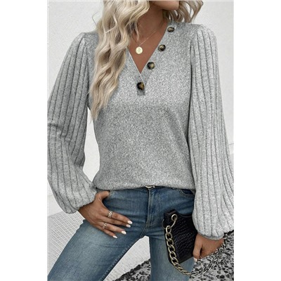 Light Grey Buttoned V Neck Ribbed Puff Sleeve Top