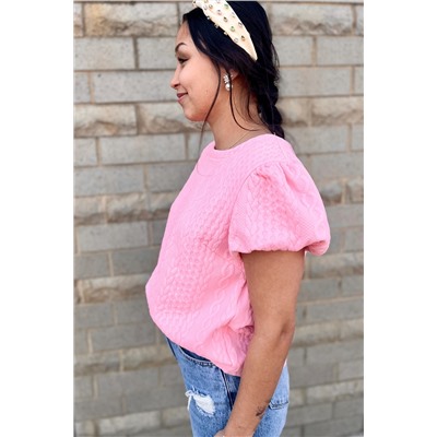 Pink Textured Puff Sleeve T Shirt