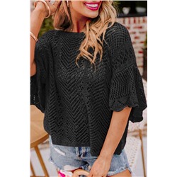 Black Pointelle Knit Scallop Edge Short Sleeve Top