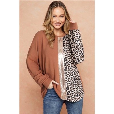 Gold Flame Leopard Print Sequin Colorblock Long Sleeve Top