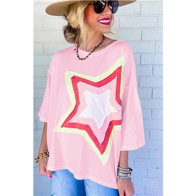 Light Pink Colorblock Star Patched Half Sleeve Oversized Tee