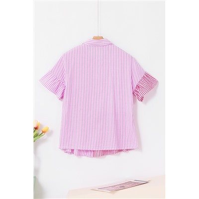 Pink Stripe Striped Patchwork Ruffled Hem Button up Shirt