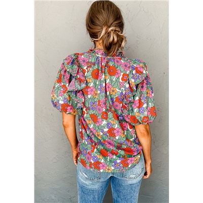 Red Floral Tie Split Neck Ruffle Puff Sleeve Blouse