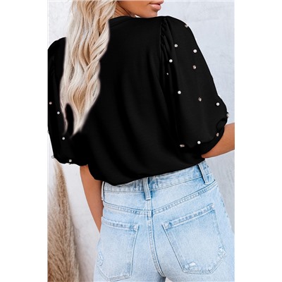 Black Rhinestone Pearl Puff Half Sleeve Top