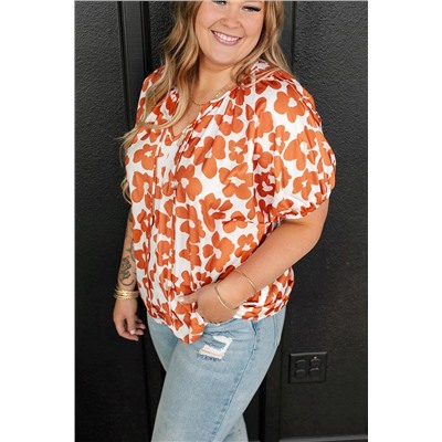 Orange Plus Size Floral Print Drawstring V Neck Short Sleeve Blouse