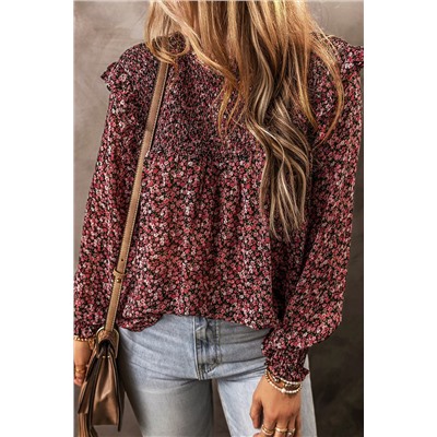 Fiery Red Ditsy Floral Smocked Ruffle Long Sleeve Blouse