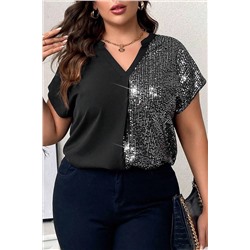 Black Plus Size Sequined Patchwork V Neck Tee