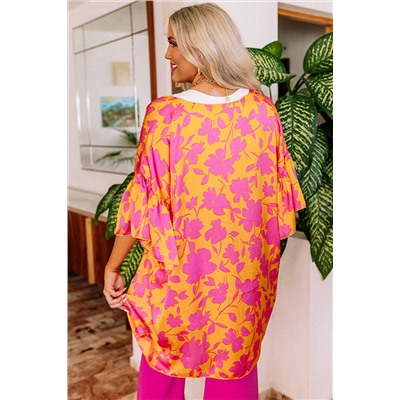 Orange Ruffled 3/4 Sleeve Floral Kimono