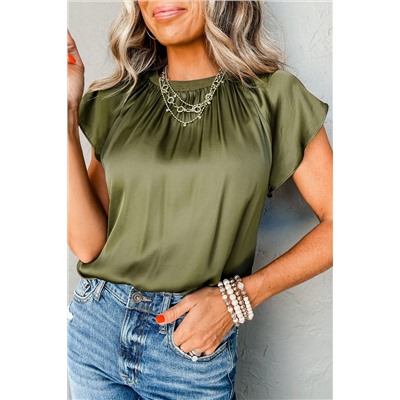 Jungle Green Pleated Flutter Sleeve Satin Top