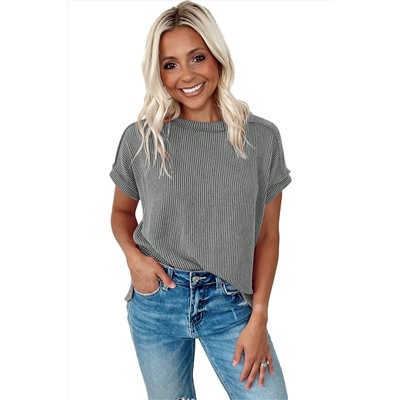 Medium Grey Textured Knit Exposed Stitching T-shirt