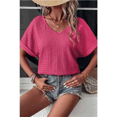 Bright Pink Textured Rolled Sleeve V Neck Tee