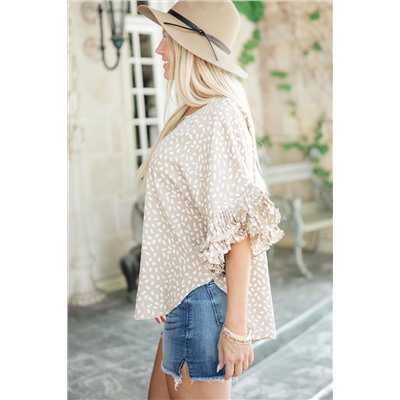 Khaki Dolman Ruffled Sleeve Loose Blouse