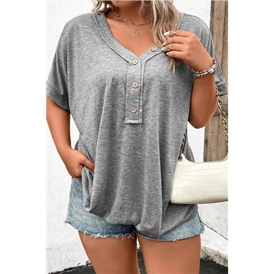 Gray Plus Size Buttoned V Neck Batwing Sleeve Top