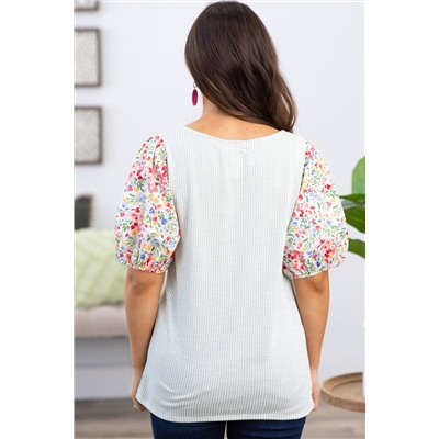 White Contrast Floral Puff Sleeve Ribbed Knit Plus Size Blouse