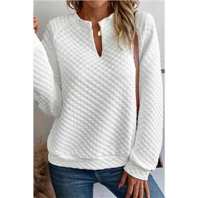 White Split Neck Quilted Long Sleeve Top