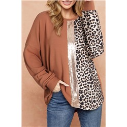 Gold Flame Leopard Print Sequin Colorblock Long Sleeve Top