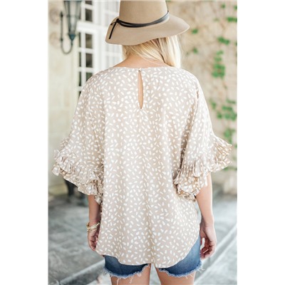 Khaki Dolman Ruffled Sleeve Loose Blouse