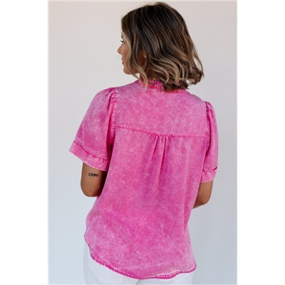 Bright Pink Mineral Wash Split Neck Pocket Patched Denim Top