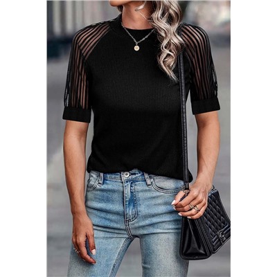 Black Striped Mesh Sleeve Crew Neck Ribbed T Shirt