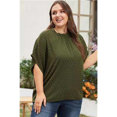 Moss Green Plus Size Swiss Dot Mock Neck Tied Nape Top