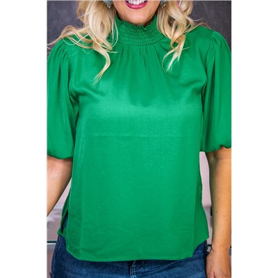 Sea Green Shirred High Neck Puff Sleeve Plus Size Blouse