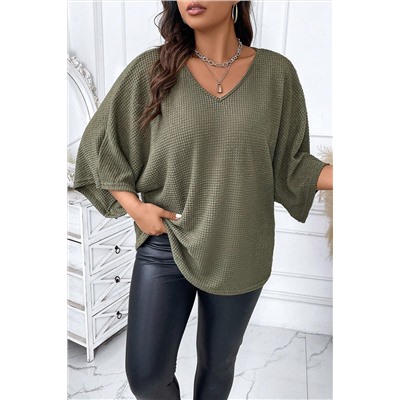 Jungle Green Plus Size V Neck Textured Knit Dolman Top