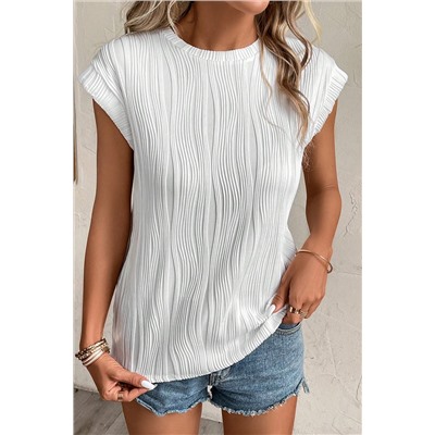 White Wavy Texture Cap Sleeve Top