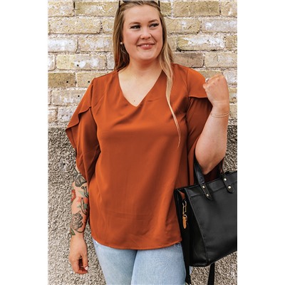 Gold Flame Plus Size Solid Wrapped Ruffled Sleeve V Neck Blouse