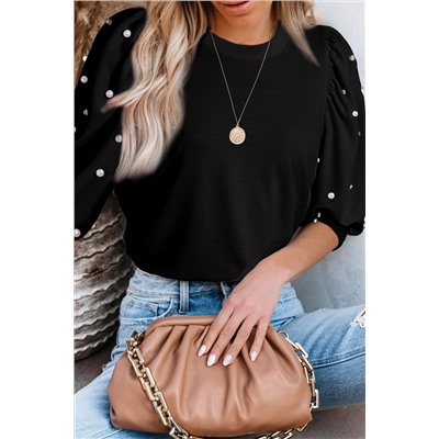 Black Rhinestone Pearl Puff Half Sleeve Top