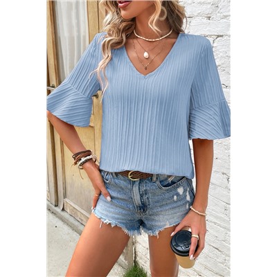 Beau Blue Ruffled Half Sleeve V Neck Textured Top