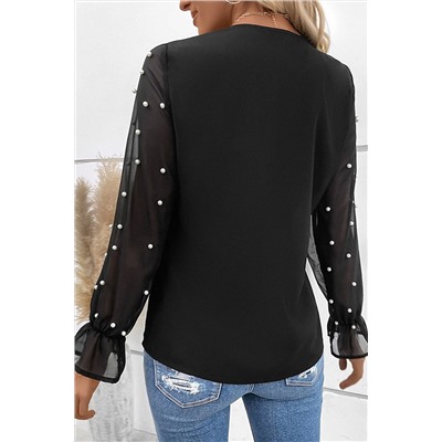 Black Pearl Mesh Flounce Sleeve V Neck Blouse