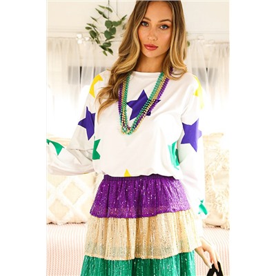 White Mardi Gras Star Printed Long Sleeve Top