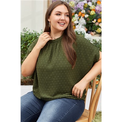 Moss Green Plus Size Swiss Dot Mock Neck Tied Nape Top