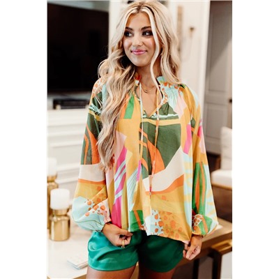 Yellow Printed Abstract Print Balloon Sleeve Notched Neck Blouse