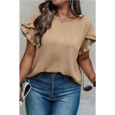 Light French Beige Ruffled Short Sleeve Plus Size Top