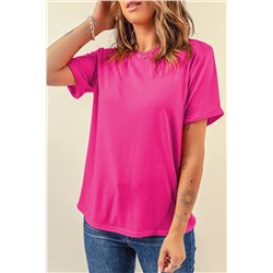 Rose Red Casual Plain Crew Neck Tee