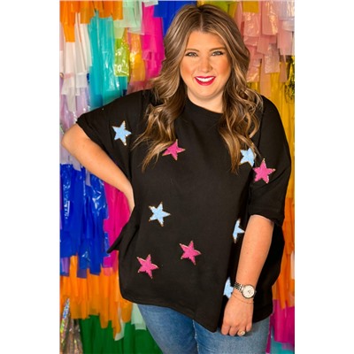 Black Sequin Chenille Star Pattern Plus Size Tee