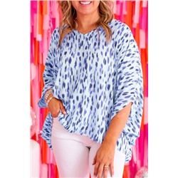 Sky Blue Printed Printed 3/4 Dolman Sleeve Plus Size Blouse