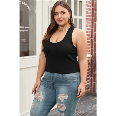 Black Plus Size Zipper Front Racerback Ribbed Tank Top