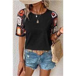 Black Floral Crochet Short Sleeve Top