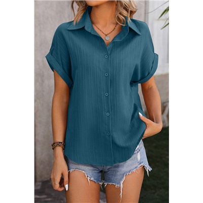 Real Teal Striped Texture Cuffed Short Sleeve Shirt