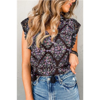 Vintage Floral Ruffle Sleeve V Neck Blouse