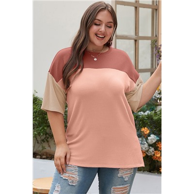 Rose Pink Plus Size Ribbed Colorblock T-shirt