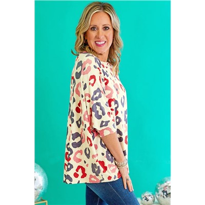 White Colorful Leopard Print Batwing Sleeve Plus Blouse