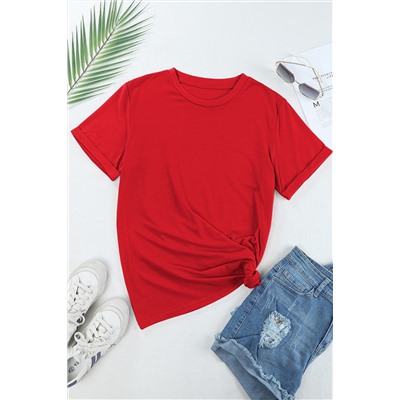 Red Casual Plain Crew Neck Tee